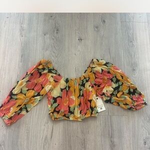 Billabong Floral Off-Shoulder Crop Top in Coral, Yellow & Black